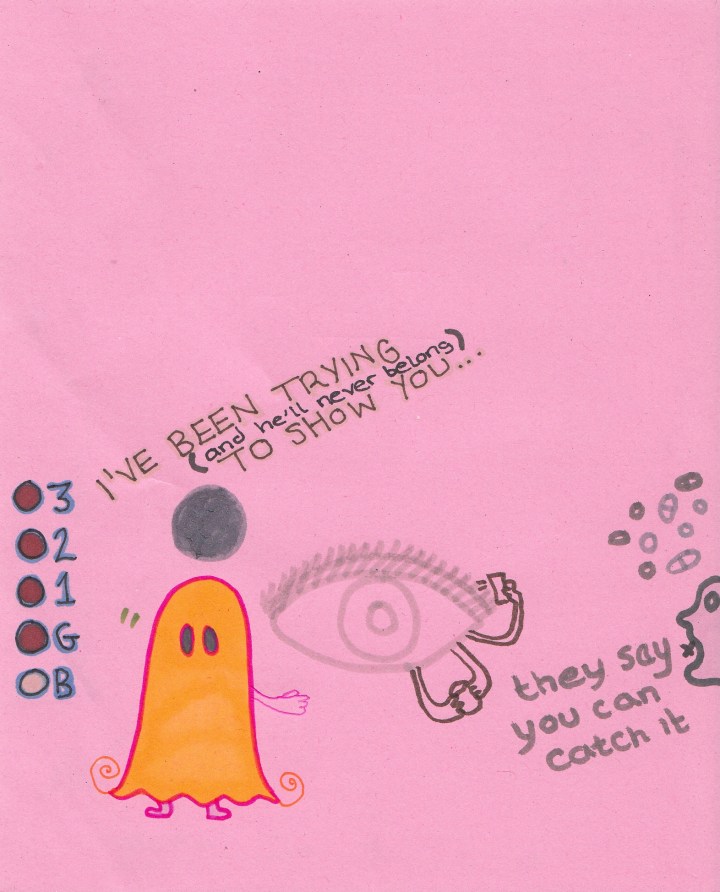 The ghost is happy, not worrying about anything - it tries to help the living but does not worry about the outcome - it is only a soul and a spirit. A person screams at the sight of the ghost and self-medicates. 2014