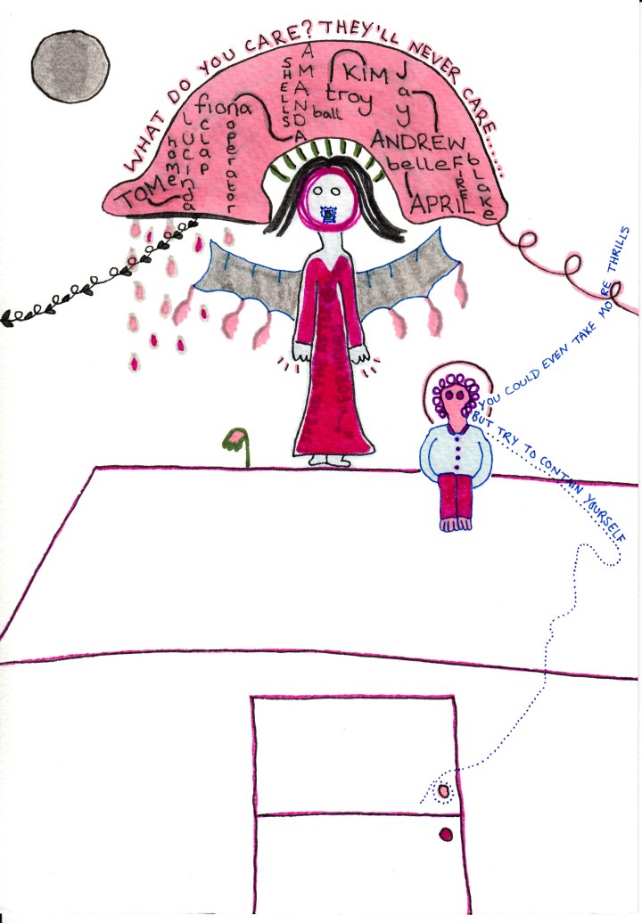 Two women sit on the roof of a house. One has wings and a postage stamp on her mouth. The other has a telephone wire for hair.