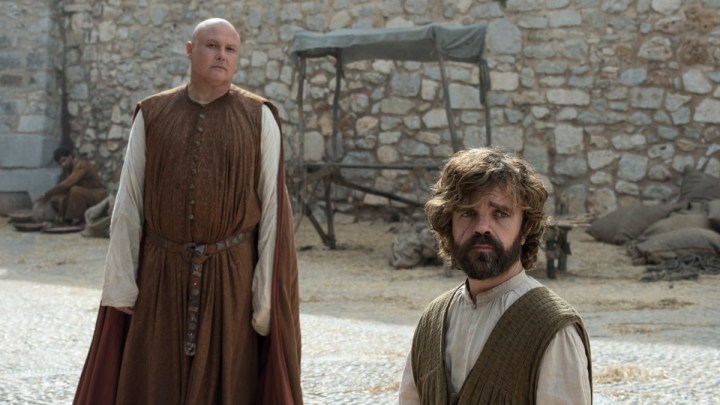 Varys and Tyrion Lannister (Conleth Hill and Peter Dinklage) were last seen in Meereen, trying to rule the city with Grey Worm and Missandei in the absence of Daenerys Targaryen.