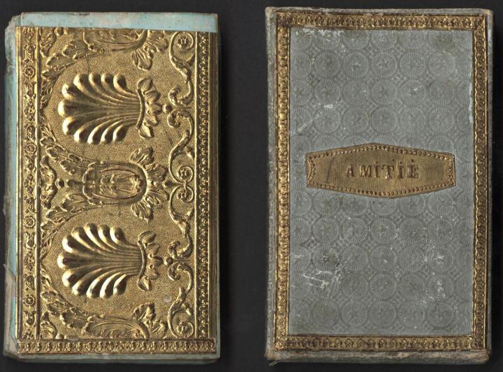 Koster. Hamburgischer Taschen-Kalender auf das Schalt-Jahr 1828 Hamburg : F.H. Nestler, [1827?]. Glazed paper binding with embossed gold paper onlays and embossed cartonnage slipcase with gold paper onlays.