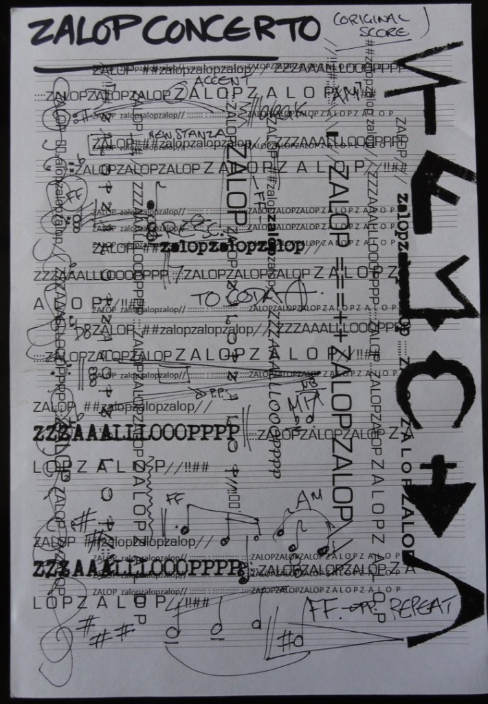 "Zalop Concerto in No Particular Key" by IUOMA members Cheryl Penn (South Africa) inspired by a performance score and Fluxus word by Ruud Janssen (Netherlands) and ZALOP video by Eduardo Cardoso (Portugal).