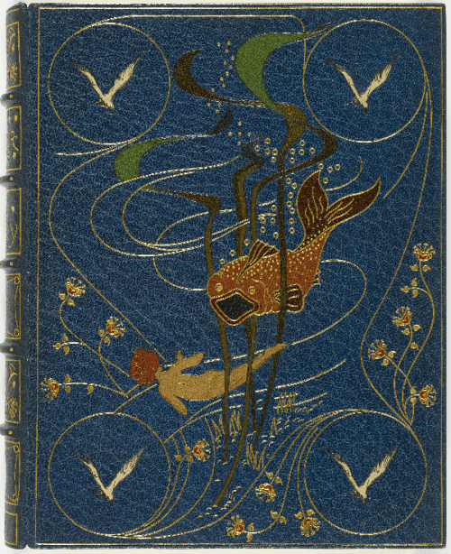 The Water-Babies Charles Kingsley. London, 1886. 100 illustrations by Linley Sambourne. Elaborate blue morocco binding by Kelliegram featuring morocco inlays of a fish, a child swimming, and seagulls, spine lettered gilt, edges gilt. Blue cloth folding case.