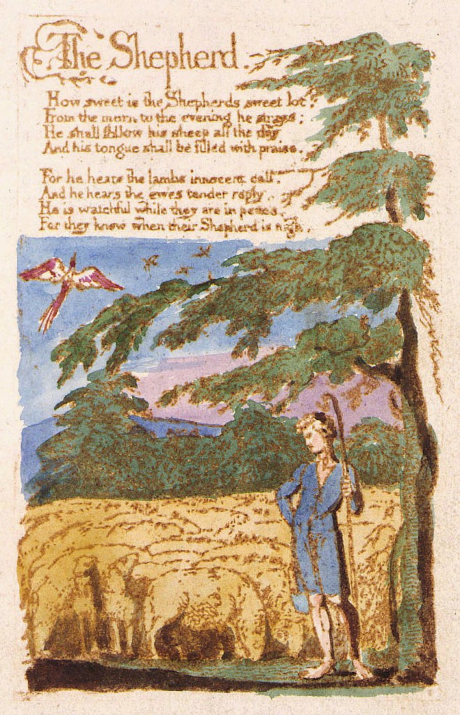 Copy B of William Blake's hand-painted print of "The Shepherd". This copy, printed and painted in 1789, is currently held by the Library of Congress.